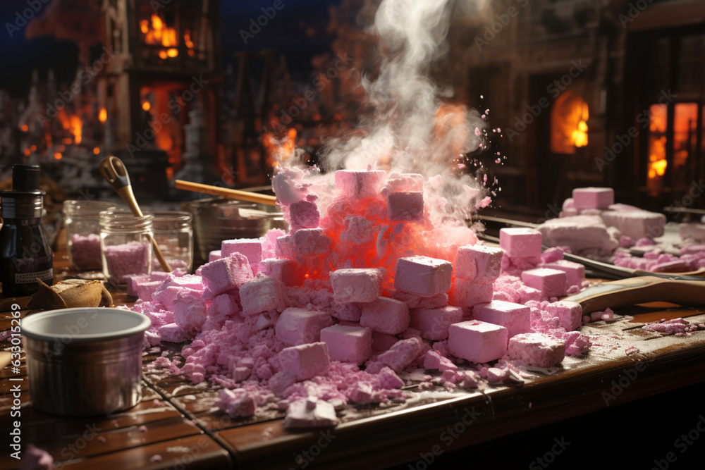 Poster a behind-the-scenes view of a baker crafting homemade marshmallows, highlighting the process and cre