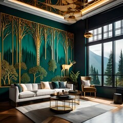A mesmerizing 3D abstraction of a modern and creative interior mural wall art. The wallpaper features a serene forest scene in dark green and golden hues. Majestic deer gracefully roam amidst the tree