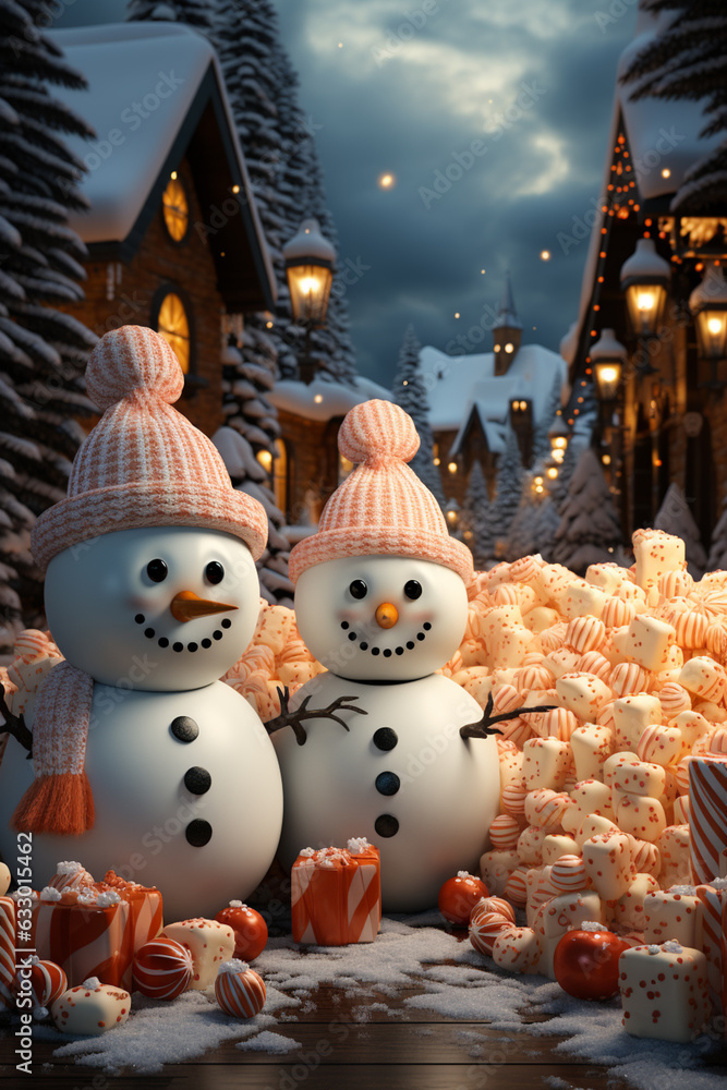 Aufkleber a holiday-themed image featuring marshmallow snowmen and trees, adding a touch of whimsy to seasonal