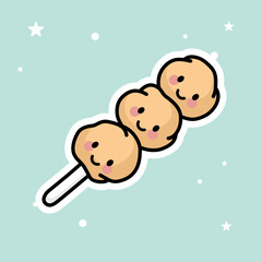 The cute Kawaii Meatball Stick is isolated on a green background. Vector - Illustration.