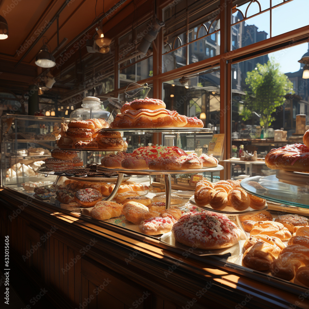Poster a bakery display showcasing an array of pastries filled with marmalade, enticing passersby with thei