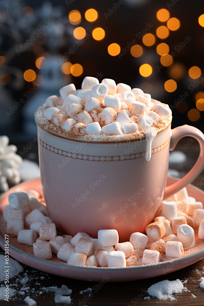 Poster an inviting image of a steaming mug of hot chocolate topped with fluffy marshmallows, evoking warmth