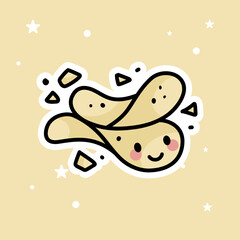 Cute Kawaii Potato Chips are isolated on a yellow background. Vector - Illustration.