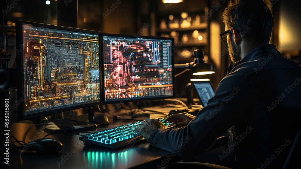 Aufkleber a male it specialist sits in front of monitors with many lights. profession of a developer or tester