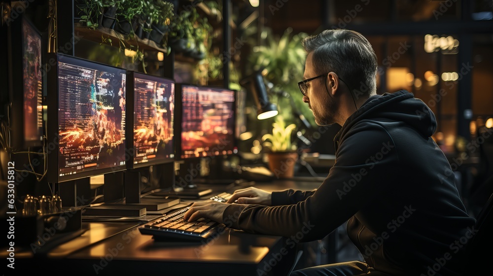 Aufkleber a male it specialist sits in front of monitors with many lights. profession of a developer or tester
