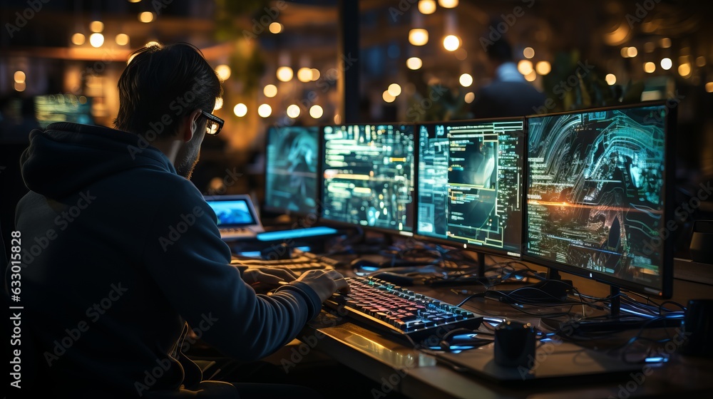 Aufkleber a male it specialist sits in front of monitors with many lights. profession of a developer or tester