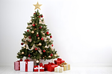 christmas tree with colorful balls and gift boxes over white wall