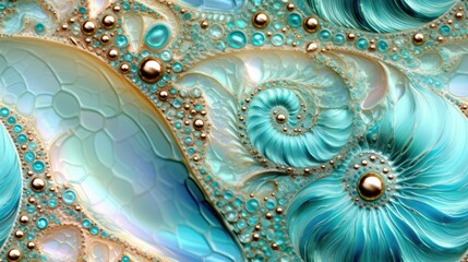 Seamless texture of Pearlescent ocean ammonite, soft pastel color shades, abstract fossil pattern, macro closeup fractal details, seashell mollusk spirals - generative ai