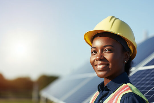African lady wearing safety helmet with solar panel bokeh background. Generative AI