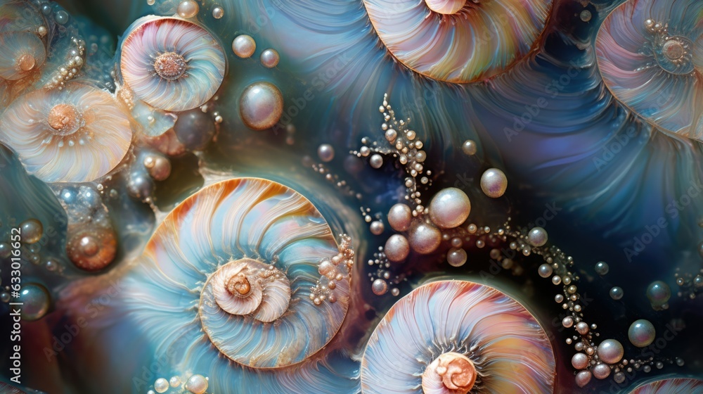 Poster Seamless texture of Pearlescent ocean ammonite, soft pastel color shades, abstract fossil pattern, macro closeup fractal details, seashell mollusk spirals - generative ai