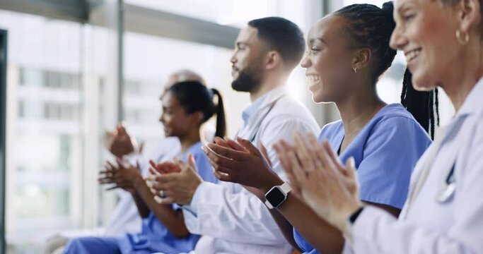 Applause, presentation or doctors excited by success, good job or results target in hospital meeting or workshop. Clapping, wow or group of happy nurses smiling for medical goals, news or support