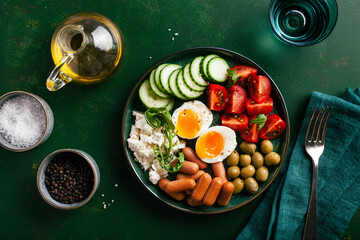 healthy keto diet breakfast lunch egg feta cheese tomato sausage olive