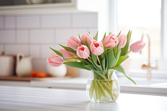 A cluster of tulips arranged neatly on a pristine table, surrounded by the modern aesthetic of a Scandinavian inspired white kitchen. The image portrays the idea of coziness and familiarity in a home