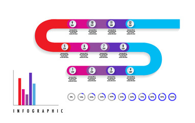 Business year plan infographic template. Diagram with 12 steps or months options, steps, parts or processes with calendar, percentage and presentation