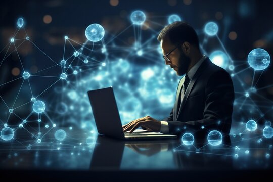 Businessman analyzes sales data, strategy using business intelligence, futuristic global network, technology, and digital marketing.