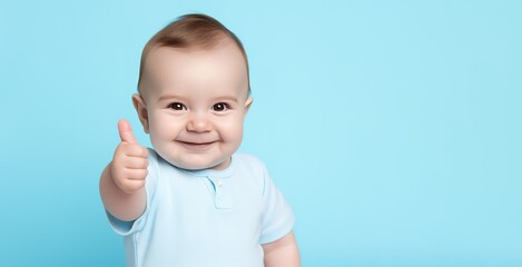 a toddler giving a thumbs up on blue background, banner concept - obrazy, fototapety, plakaty