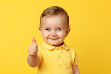 a toddler giving a thumbs up on yellow background - obrazy, fototapety, plakaty