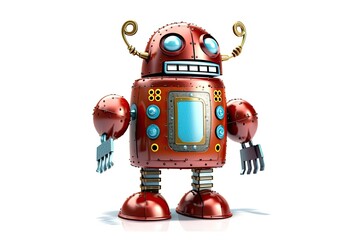 Tin toy robot coupling idea in the vintage and retro era, isolated on a white backdrop