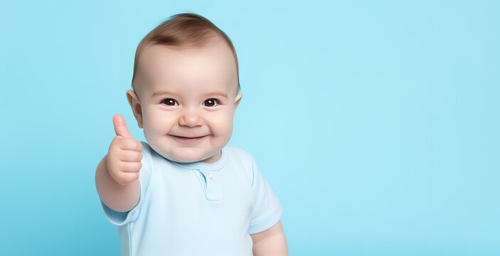 a toddler giving a thumbs up on blue background, banner concept