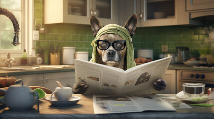 dog reading and holding a newspaper at home
