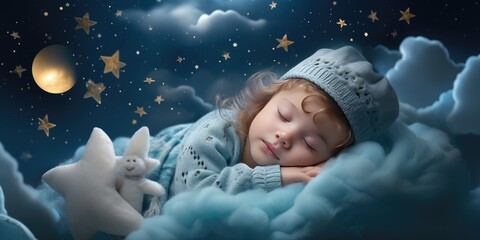 Little cute baby sleeps in his bed. The theme of dreams. Generative AI - Powered by Adobe