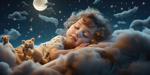 A little baby sleeps on a fluffy cloud close-up, theme of children's dreams - obrazy, fototapety, plakaty