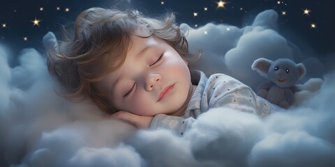 Little cute baby sleeps in his bed. The theme of dreams. Generative AI