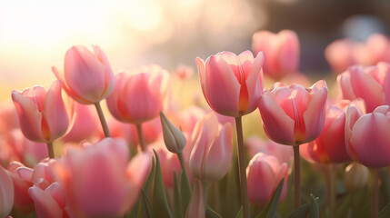 Tulips in morning sunlight, sweet soft beautiful flower backgroud, generative ai