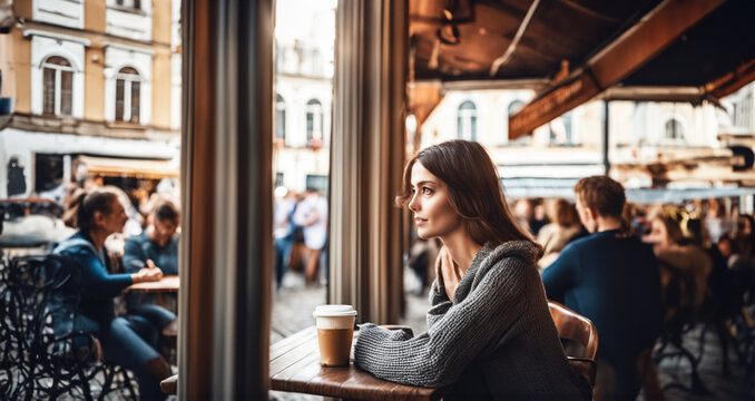 immagine primo piano di giovane donna dai capelli castani  seduta al tavolo di una affollata caffetteria, sguardo sognante, sfondo con persone