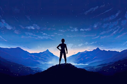 The silhouette of a fit guy standing on a large mountain with his arms wide can be seen in the landscape panorama with the milky way and starry night sky.
