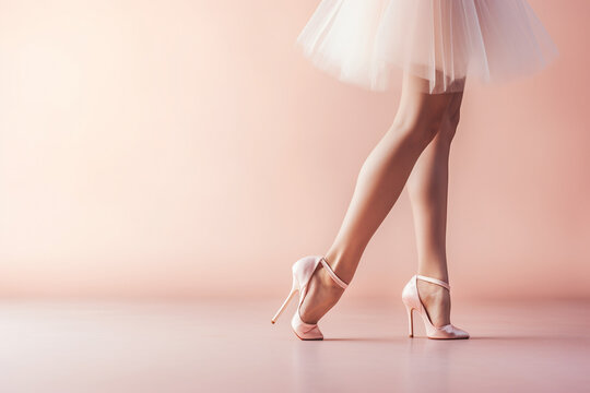 detail of ballet dancer feet in high heels on a pastel pink background, minimalist