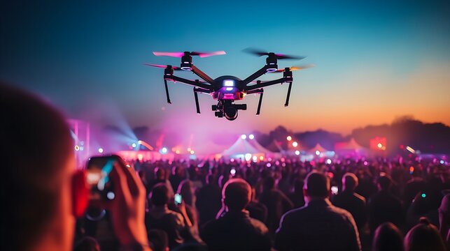 Closeup of drone flying for taking video of concert crowd and music fanclub. Drone in concert.