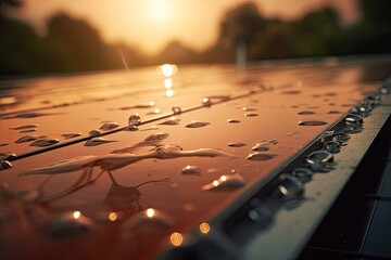 During the early morning sunrise, water droplets fall onto a solar panel positioned on a rooftop, illustrating the usage of renewable energies and the essence of green energy.