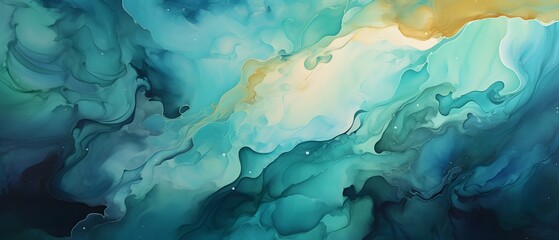 Abstract watercolor paint background illustration, Green turquoise color with liquid fluid marbled paper texture banner texture, Generative Ai