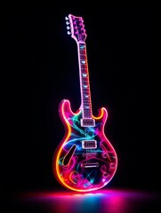 neon guitar on black background - generative AI