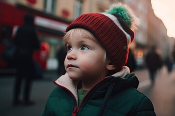 Happy child looking straight, walking on the city street, Christmas time, daylight. Generated Ai