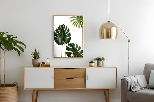 Poster or picture frame mockup in home interior design. Living room, commode with lamp, tropical plant and vases