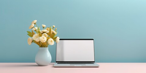 Mockup of a laptop with a blank screen and a ceramic vase on a white counter against a light blue backdrop.