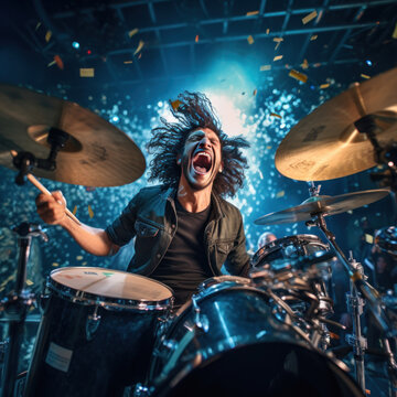 Batteur de rock en train de jouer lors d'un concert sur sc&egrave;ne