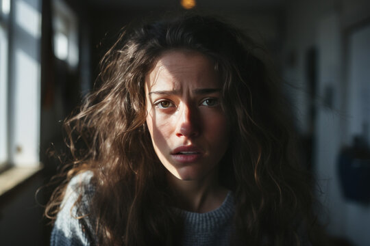 Portrait d'une jeune fille qui a peur, qui est effray&eacute;e sur le point de pleurer