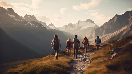Group of people walking at the top of the mountain at sunrise view. - obrazy, fototapety, plakaty