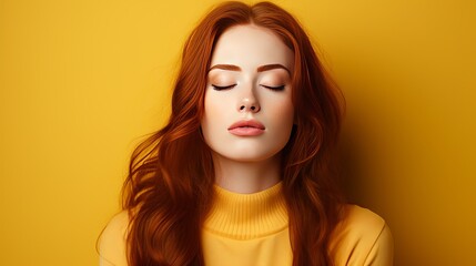 Annoyed redhead woman fed up listening stupid nonsense, close eyes tired, make face palm embarrassed uninterested, feel uneasy distressed, exhausted useless argument, irritated orange background