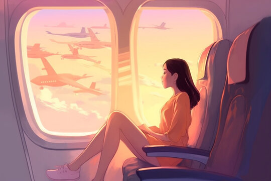 illustration woman flight trip plane seat character transportation passenger journey window. Generative AI.