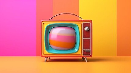 Illustration of a vibrant old television tv from 70s on colorful background