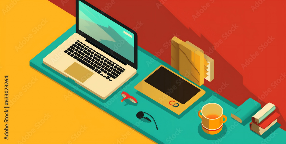 Poster laptop design background technology business hand web desktop colours computer gadget. generative ai