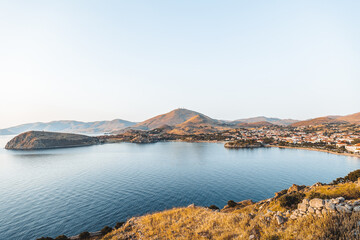 View from Byzantine Medieval Castle of Myrina in Lemnos or Limnos Greek island in the northern Aegean Sea summer vacation