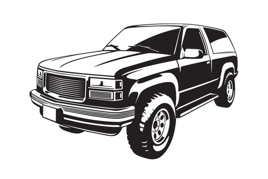 Off-road old vehicle. Engraving black and white