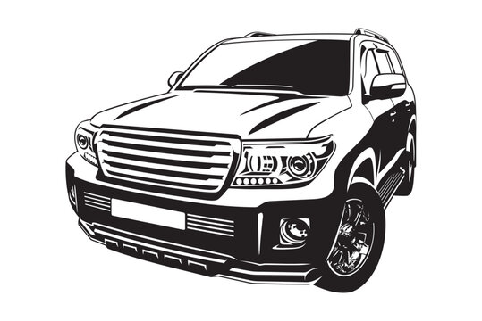 Off-road vehicle. Engraving black and white
