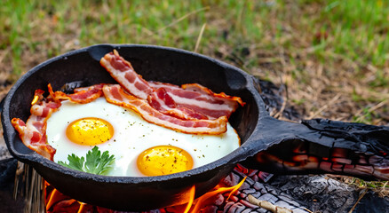 eggs and bacon cooking with oil with firewood in the open air on a walk in the open air in high resolution