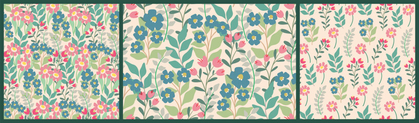 Seamless floral pattern, liberty ditsy print with wild meadow in a set. Delicate botanical design in pastel colors: small hand drawn flowers, leaves, branches on white background. Vector illustration.